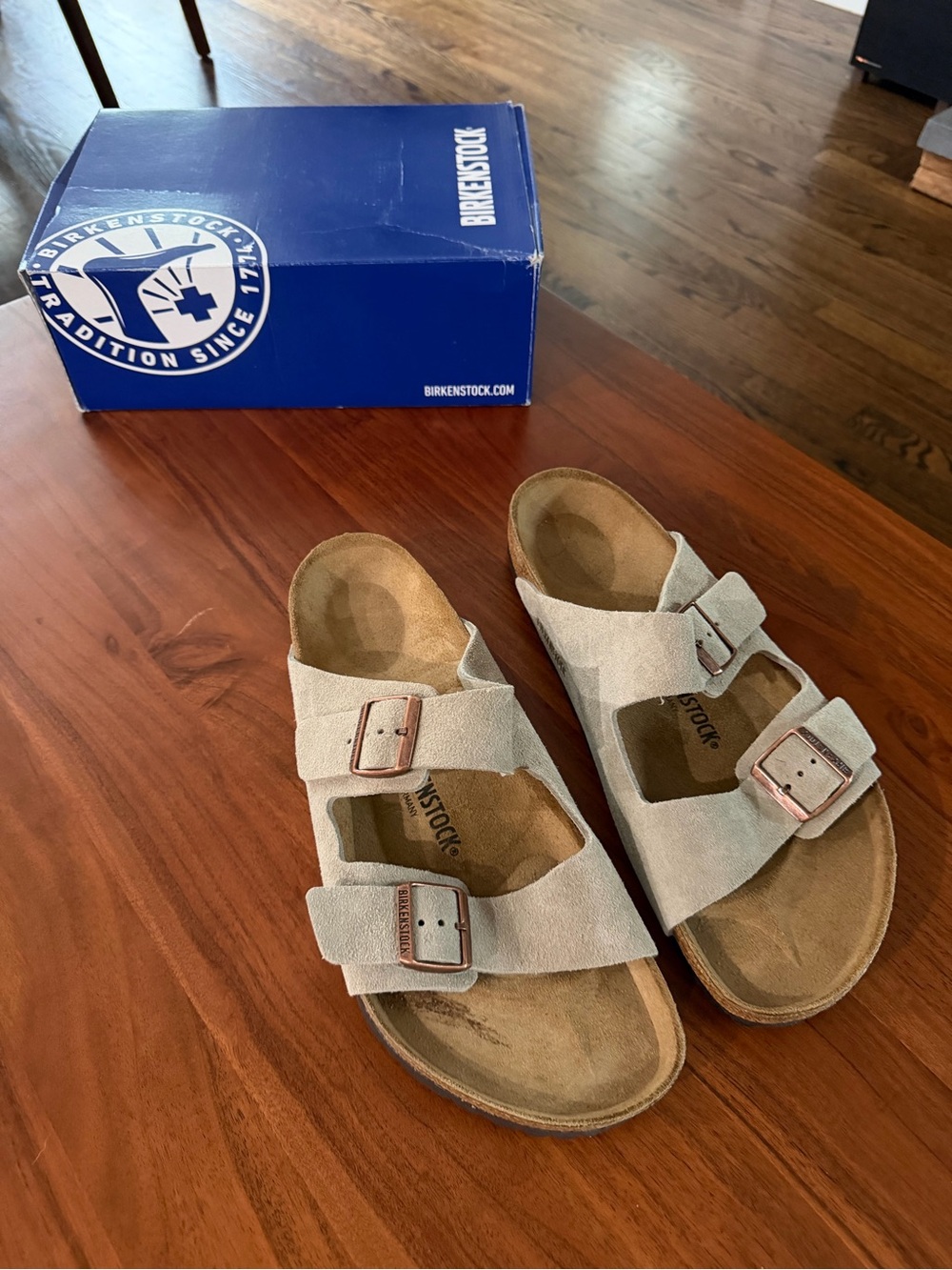 Birkenstock Mens size 48 Two-Buckle Suede Sandals in Light Tan, New in box